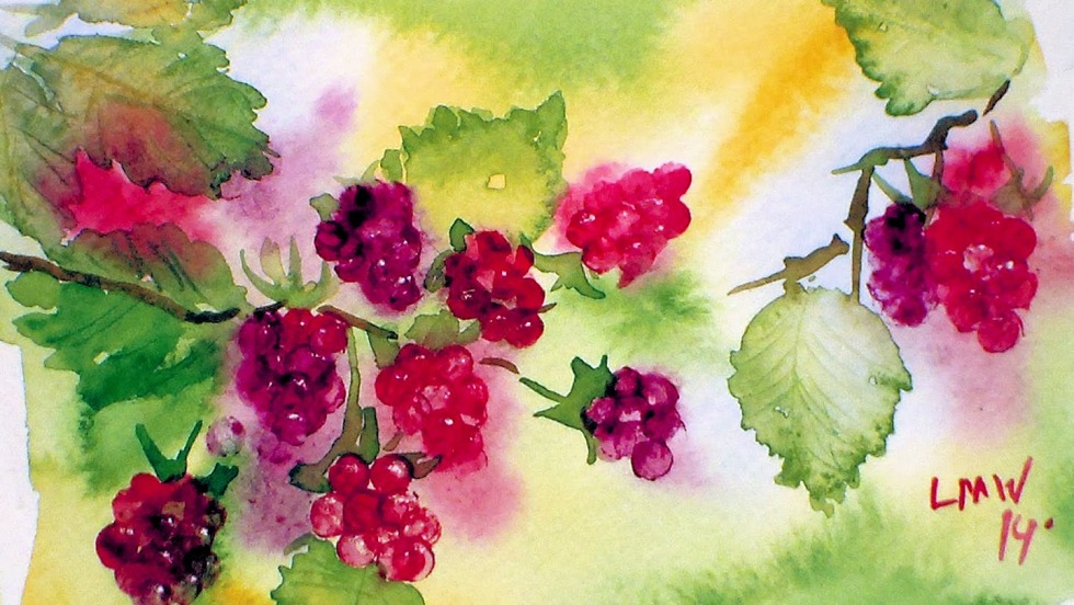 Watercolor background with flowers and berries