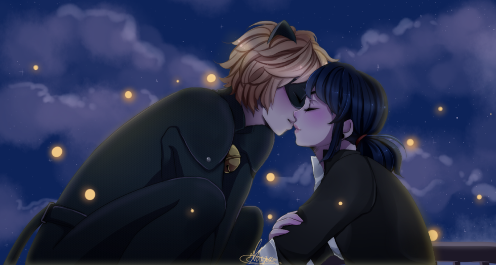 Marinette and cat Noir kiss