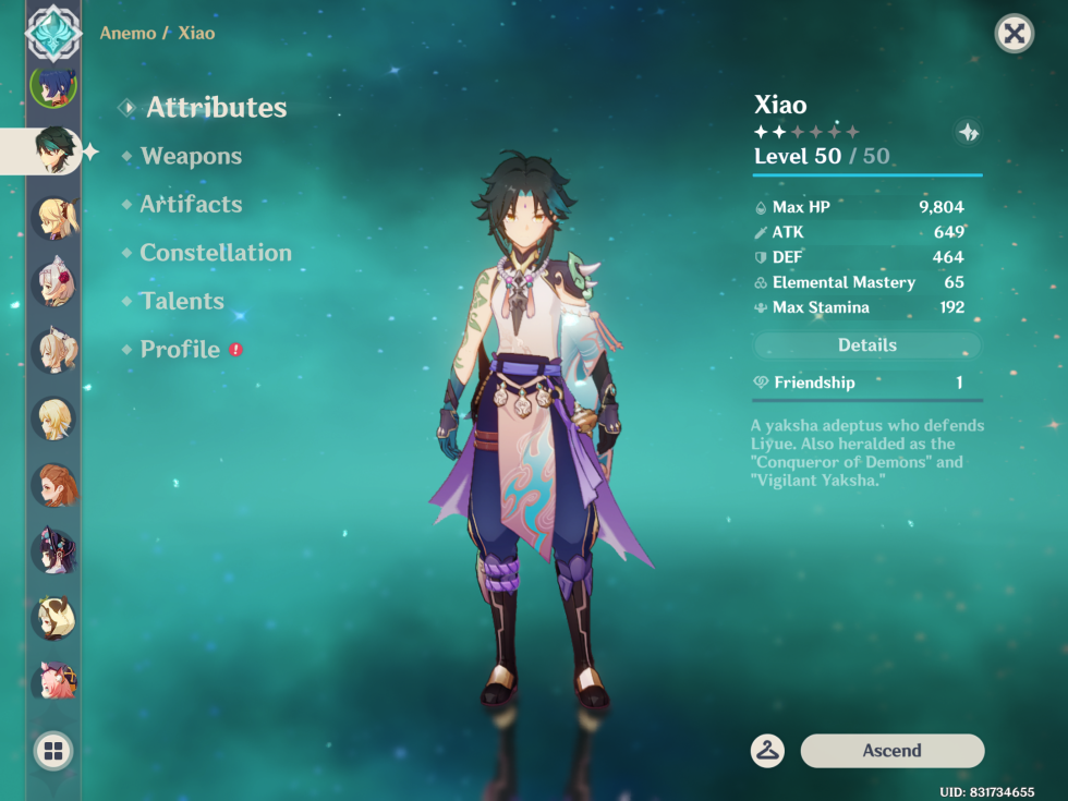 Xiao Genshin Impact in full growth