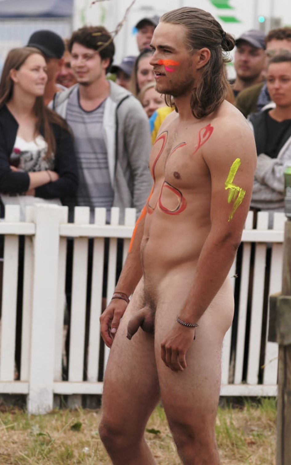 Naked hippies at the festival erection