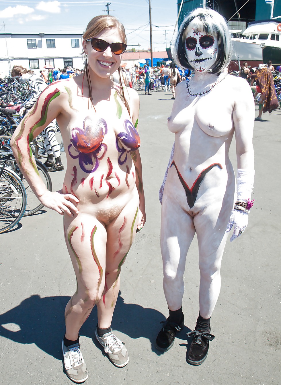 Parade of naked people on the street