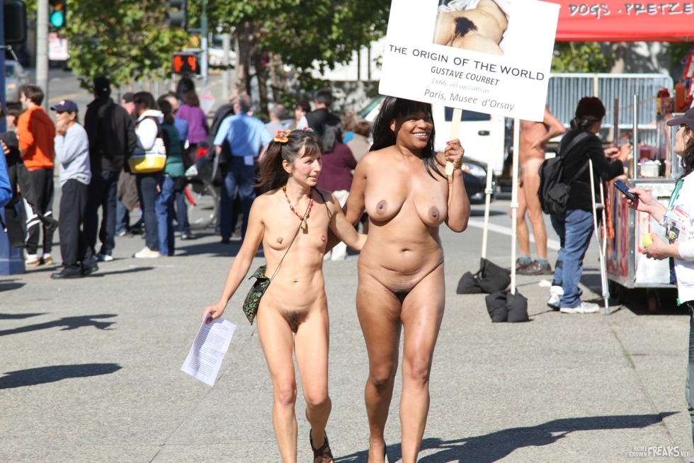 Naked naked woman walks down the street