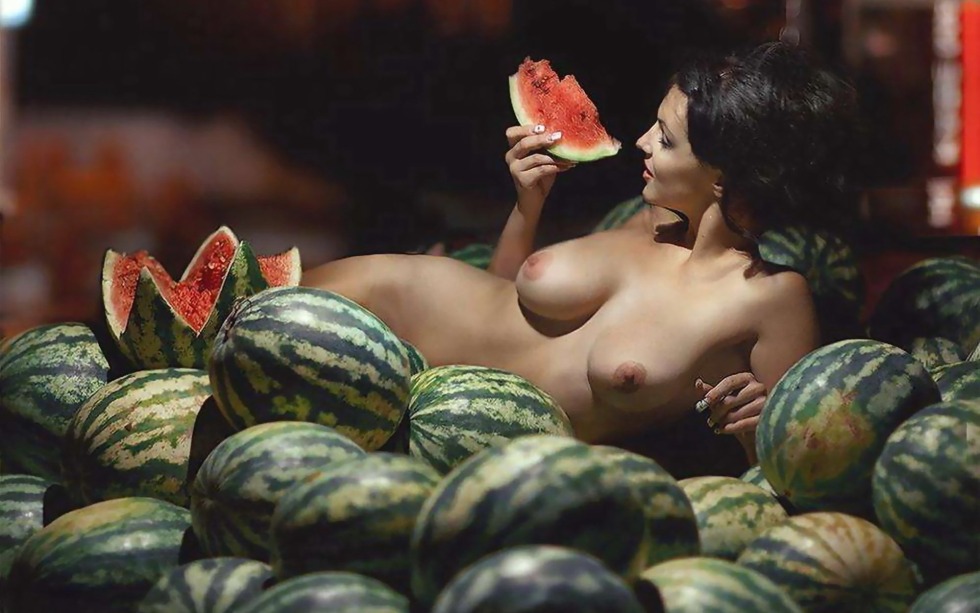 Naked chicks with watermelon on the beach
