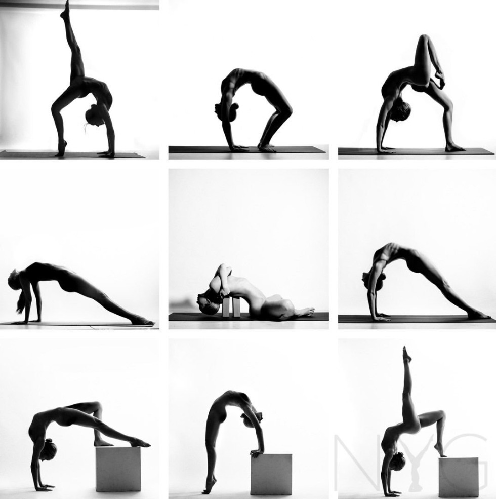 Naked gymnasts legs behind the head