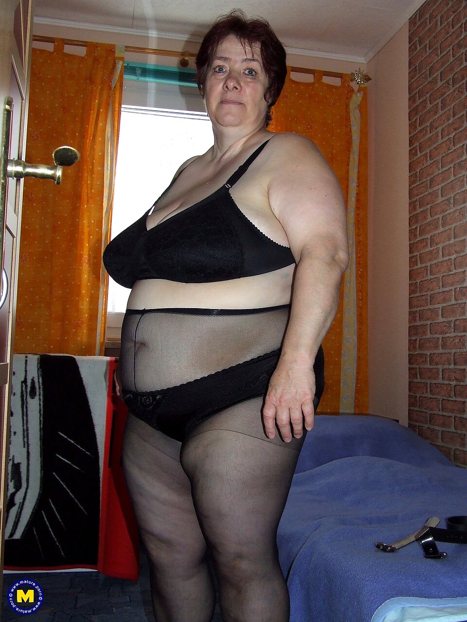 Mature in mesh tights