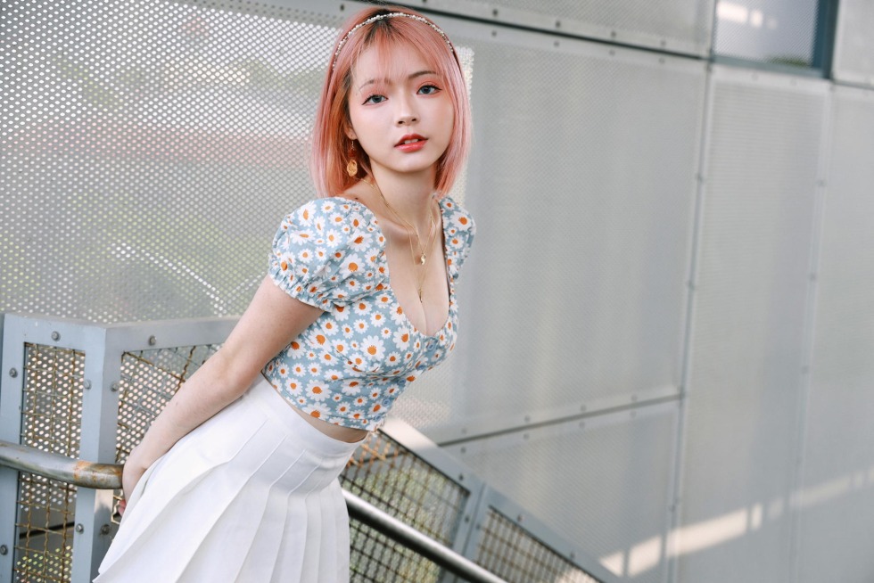 Mature Asian with pink hair