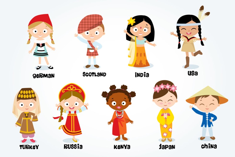 Little men in different costumes of the peoples of the world