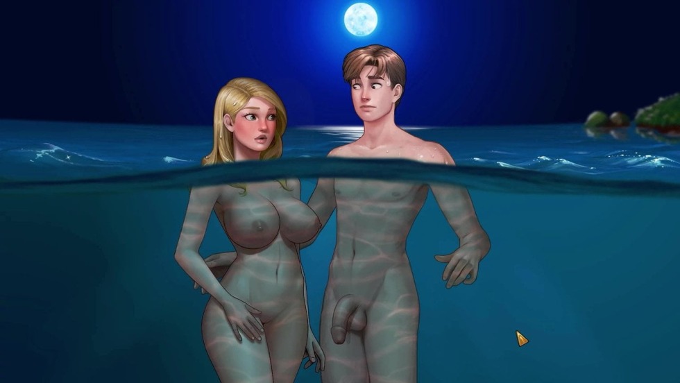 Naked women in a pool with extended legs