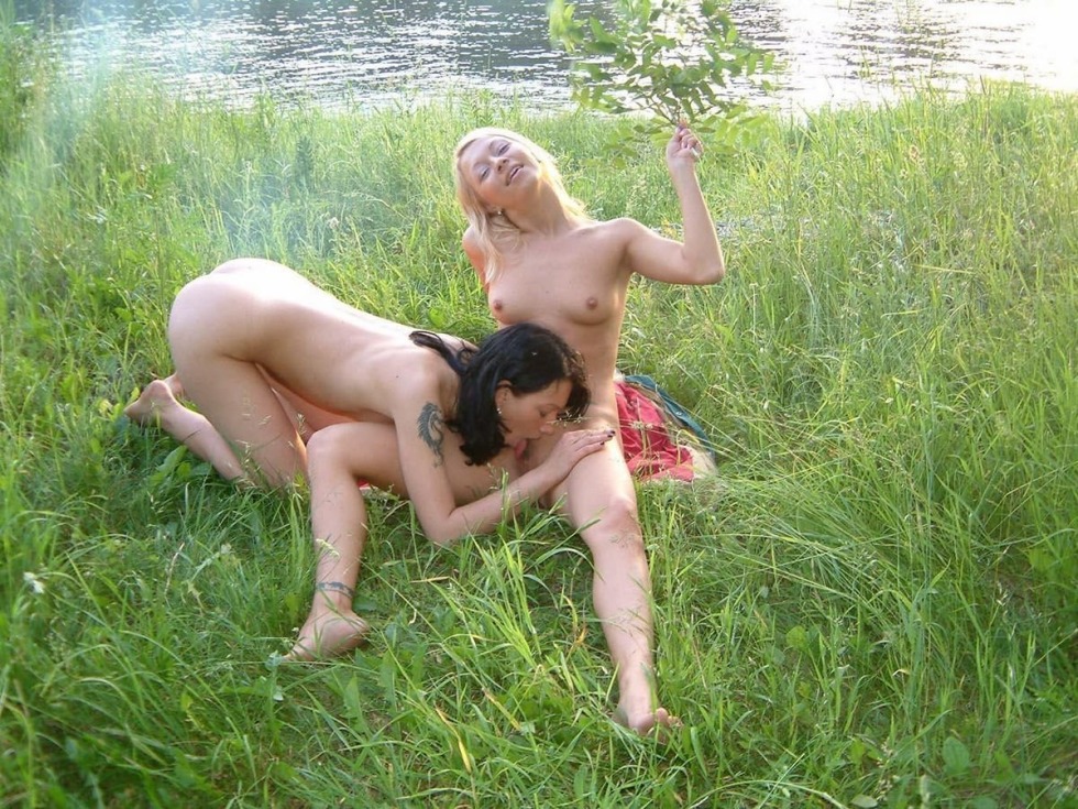 Naked wife and girlfriend in nature