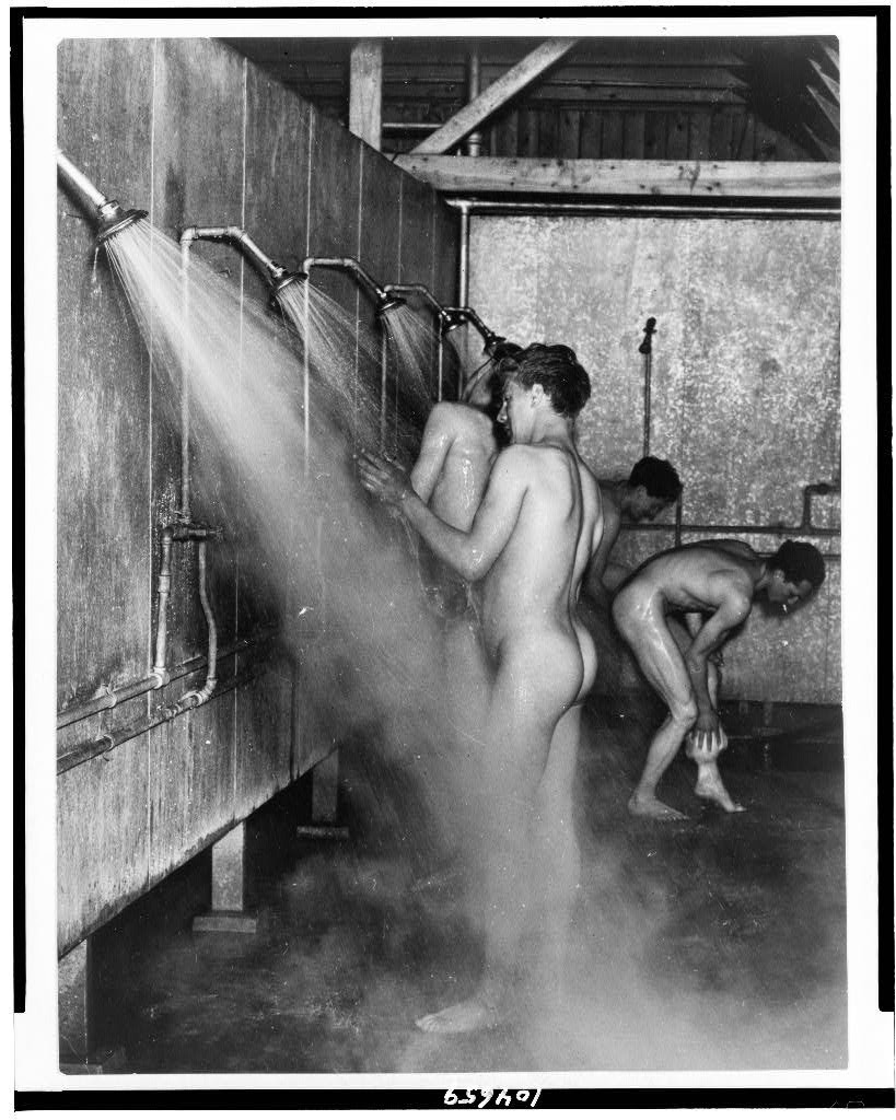 Naked guys in the retro bathhouse