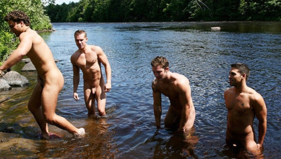 Naked Russian guys on the lake