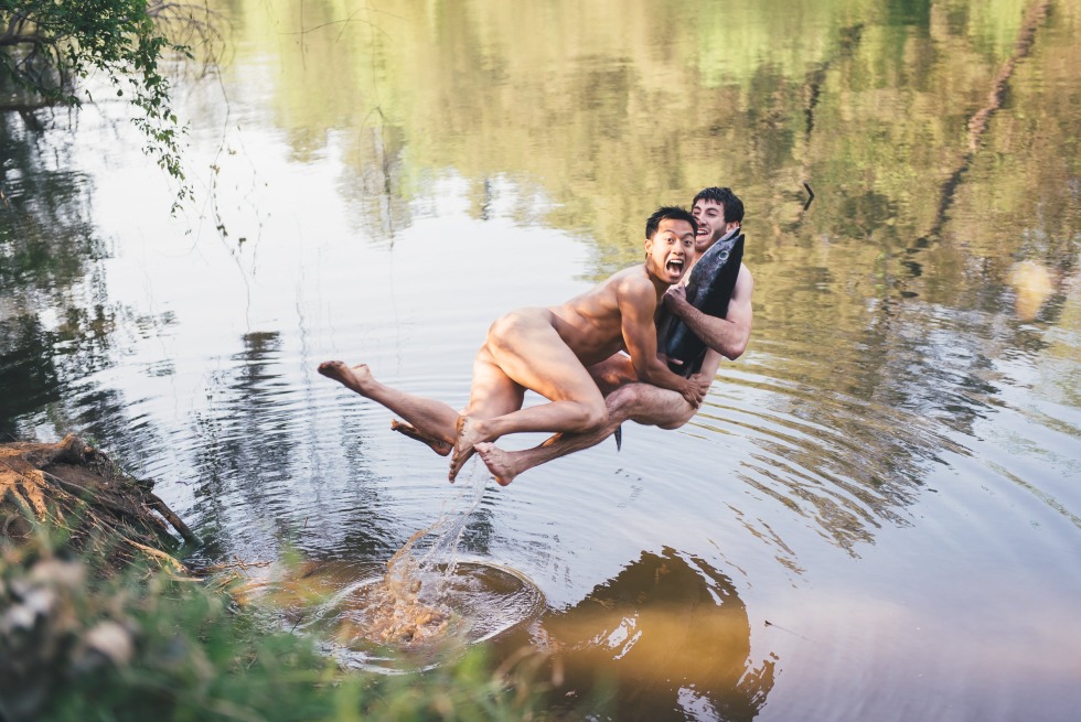 Naked guys on the river