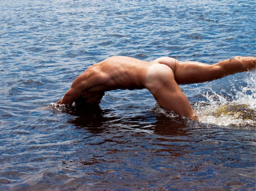 Naked guys bathing in the river