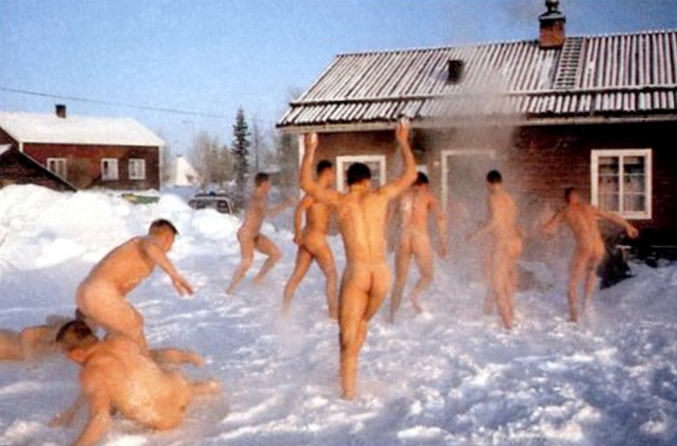 Boys naked in the sauna in winter
