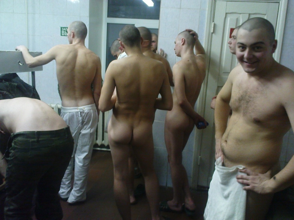 Naked Russian soldiers in the bath