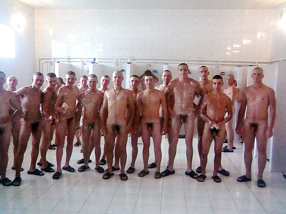 Naked Russian soldiers in the bath