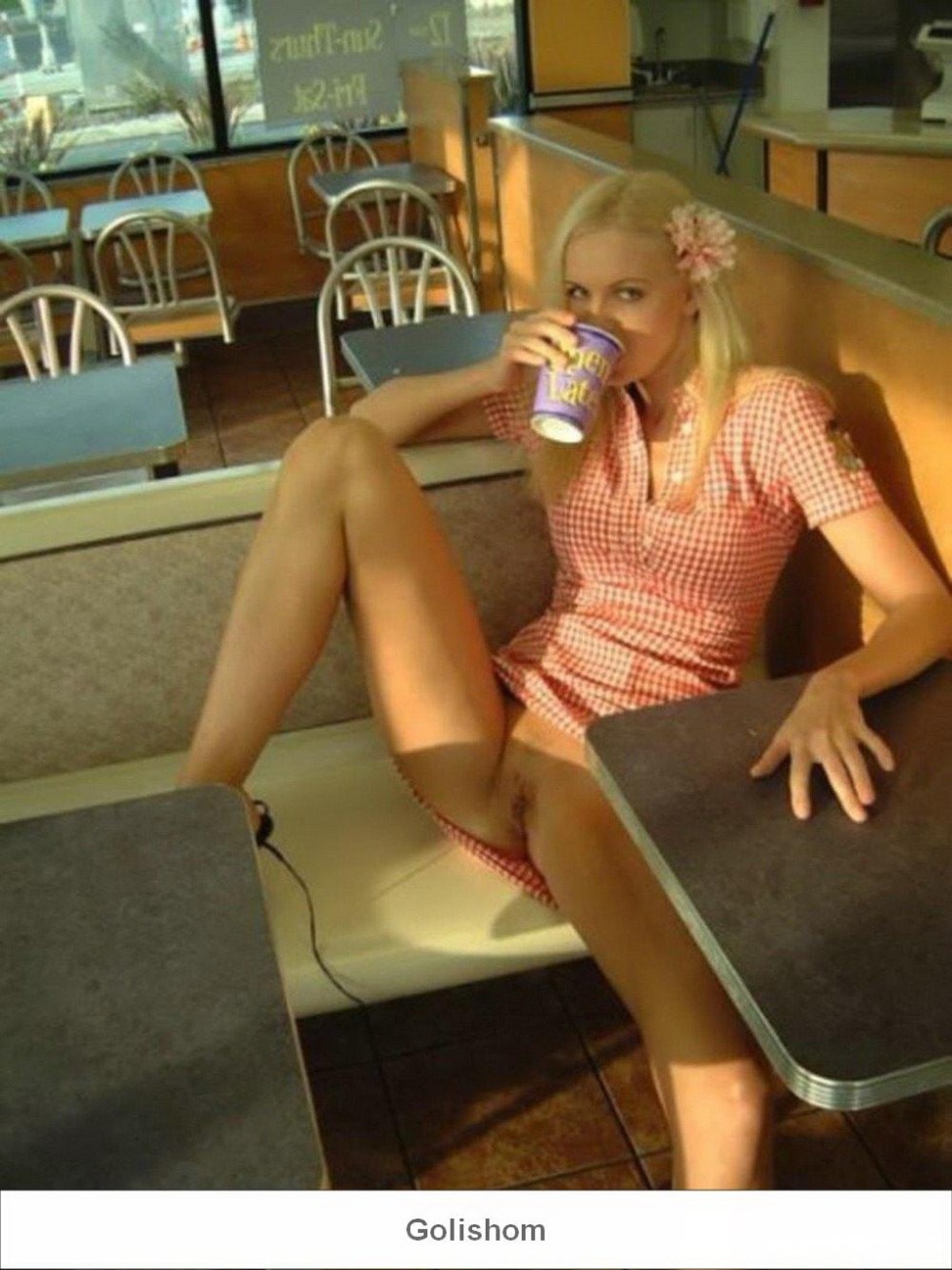 Girl without panties in a cafe