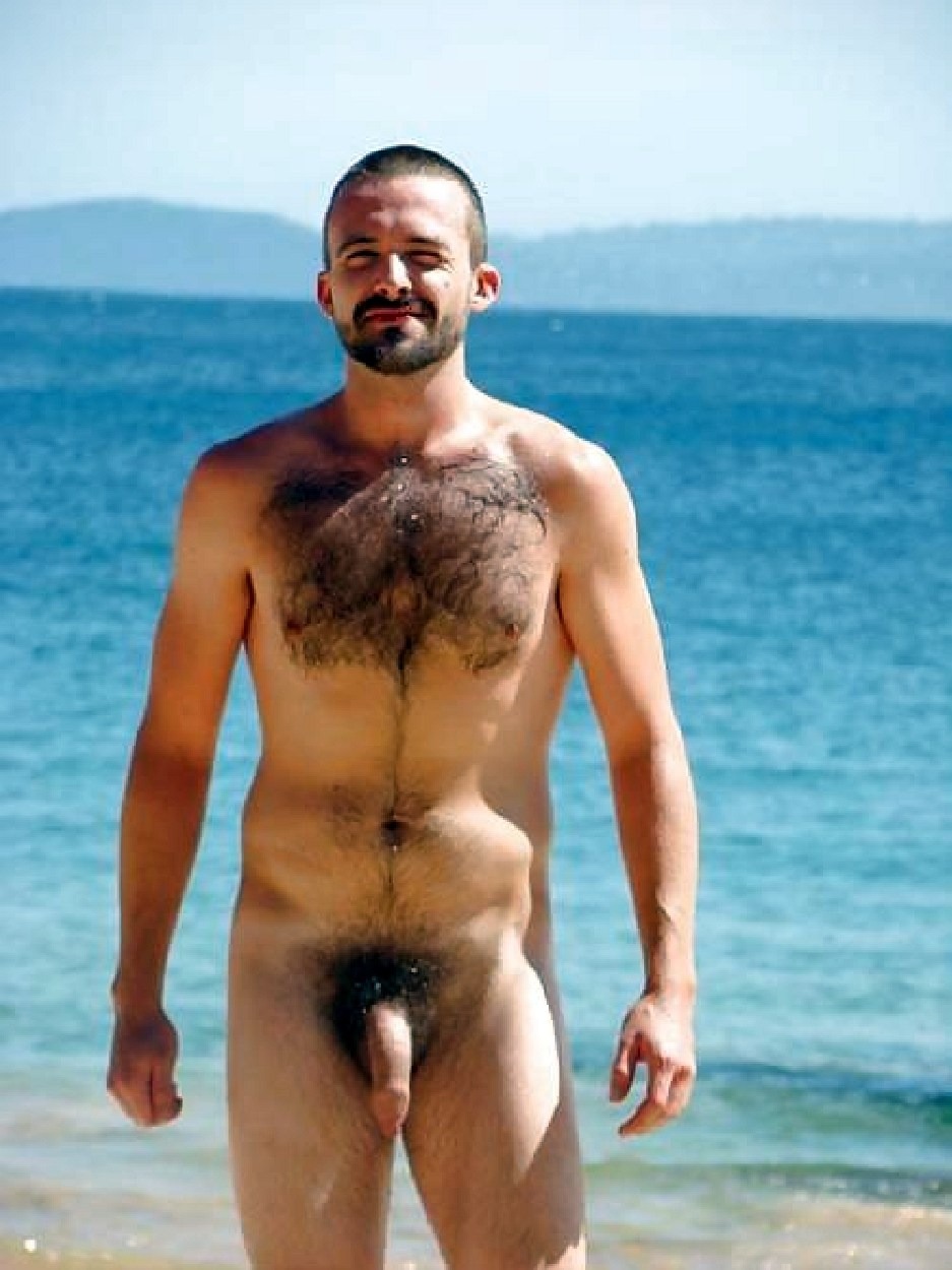 Naked hairy men on the beach