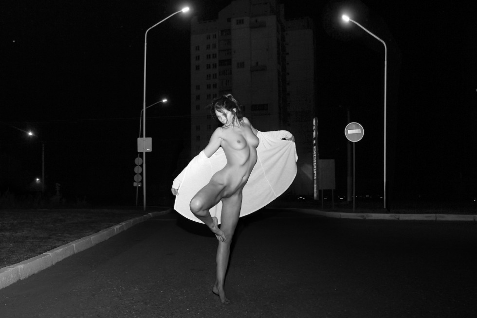 Naked girl at night on the street