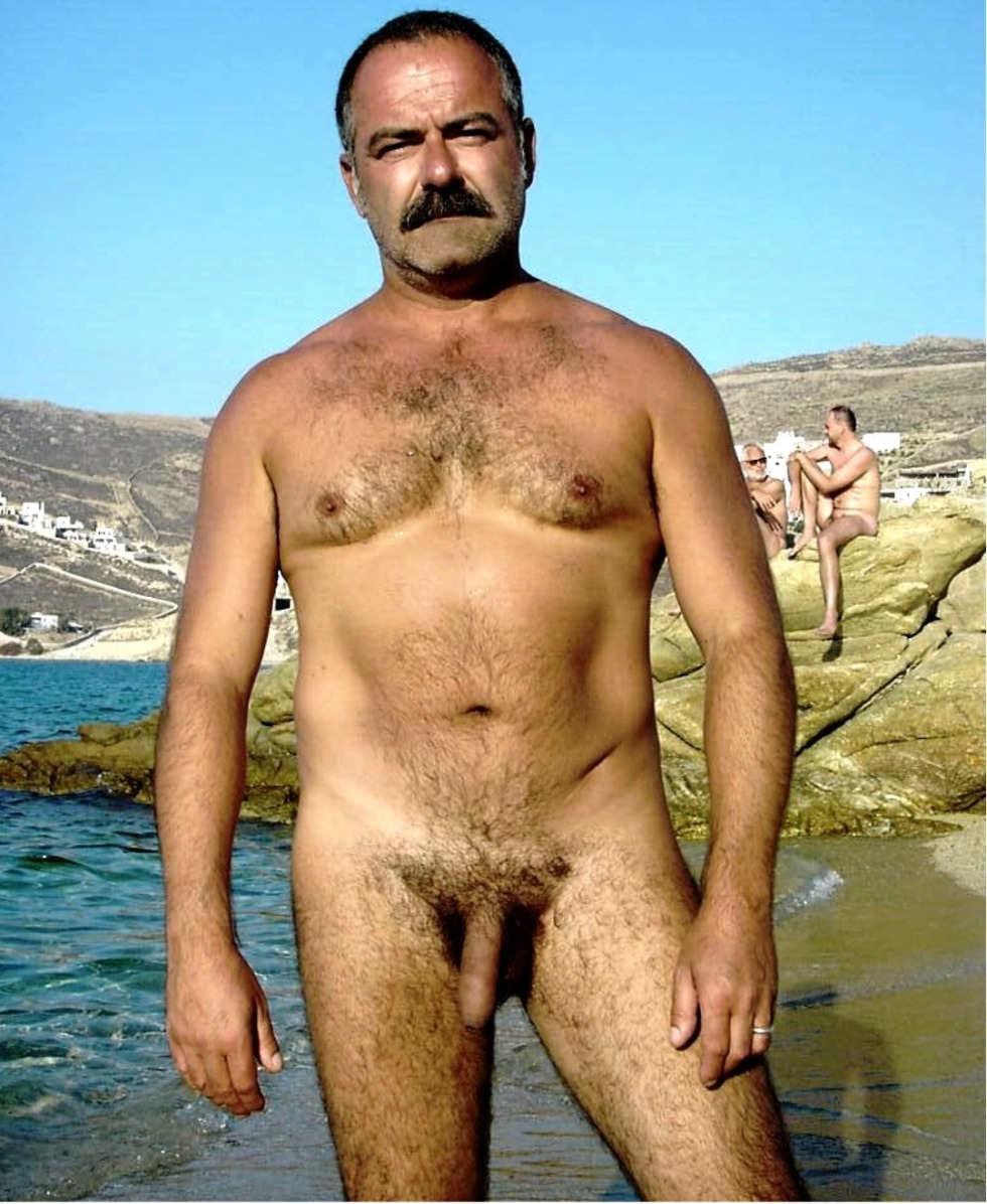 Naked hairy men on the beach