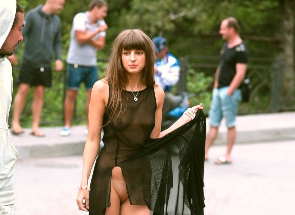 Transparent dress without panties on the street