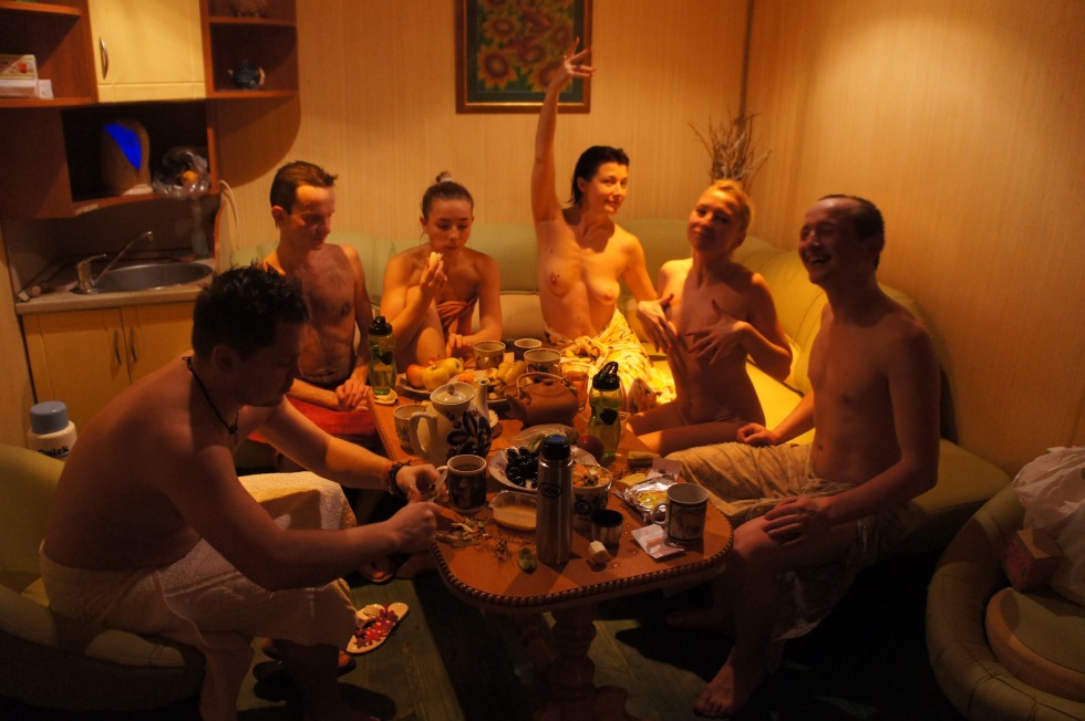 Nudist party in the sauna