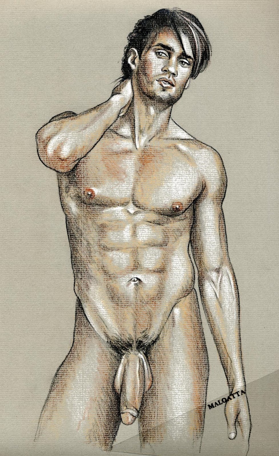 Naked guy drawing with a pencil