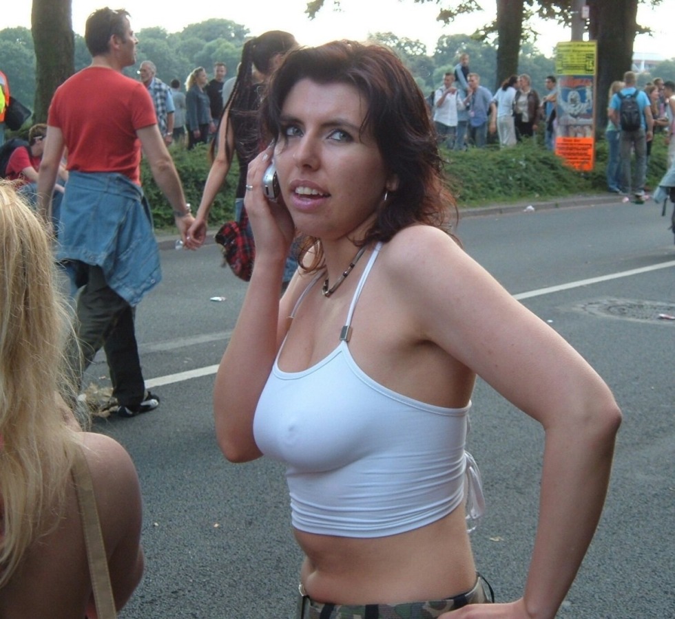 Without a bra under clothing in public