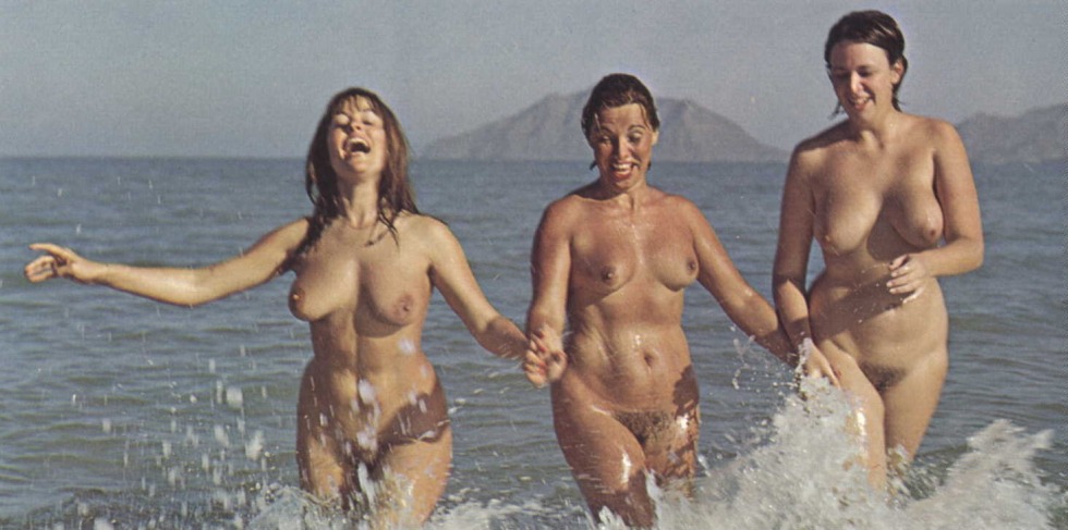 Naked nudists on the beach retro