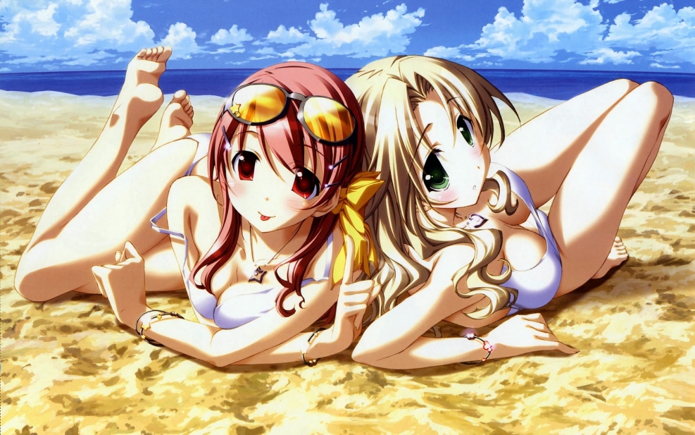 Anime girls on the beach in swimsuits