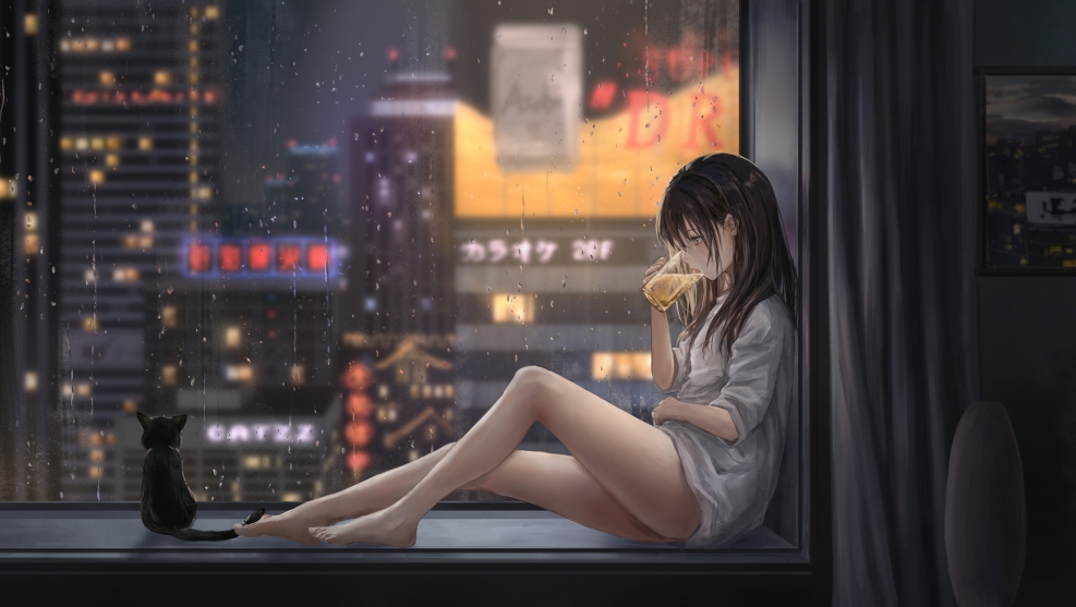 Anime girl on the windowsill