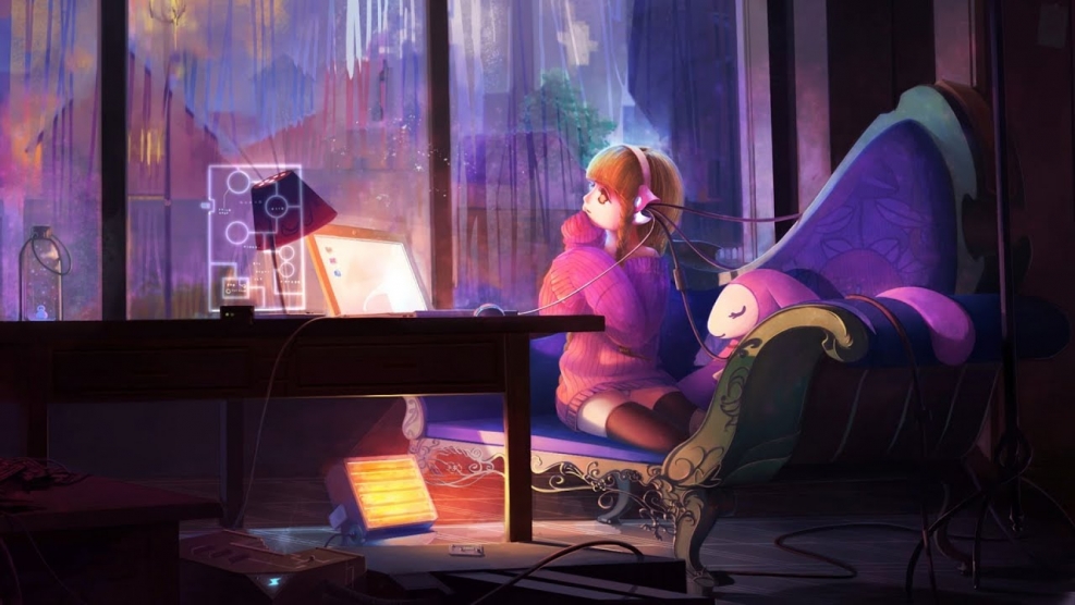 Anime girl at the table