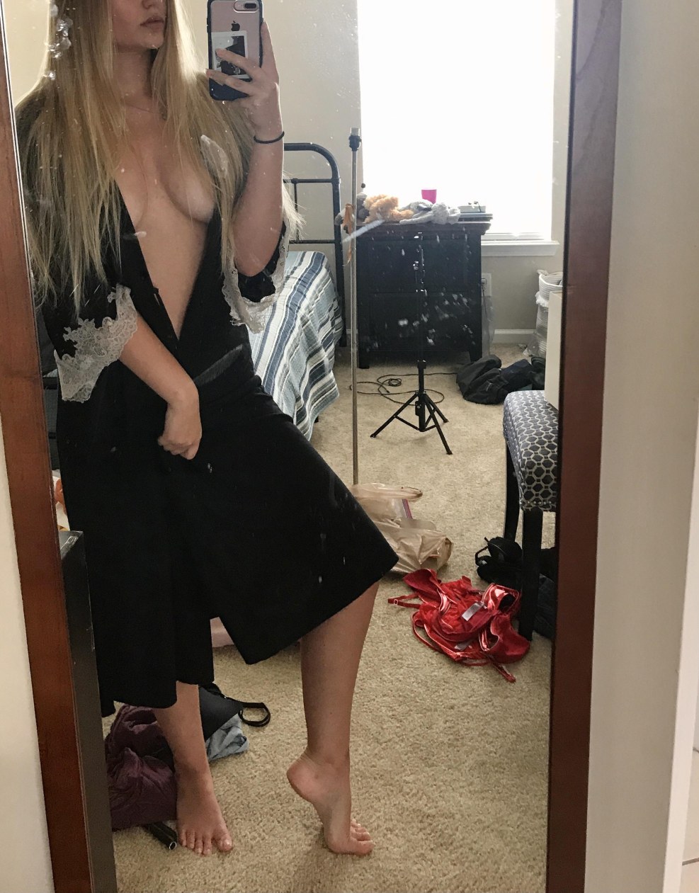 Naked wife in knitted stockings