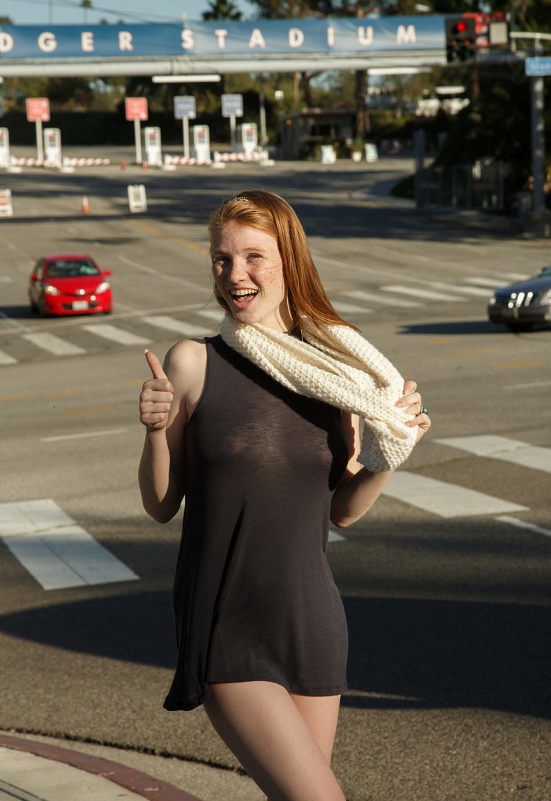 Braless flat tits public