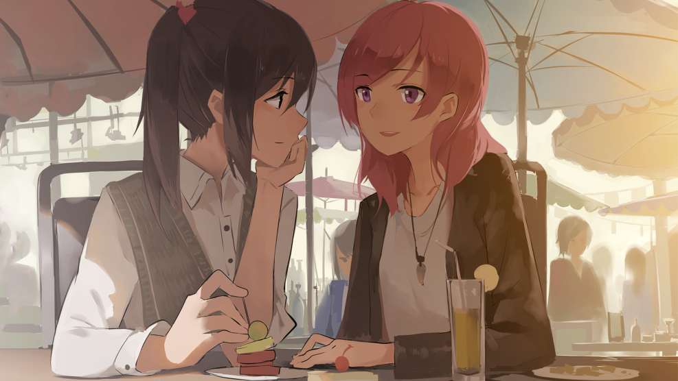 Anime girl in a cafe