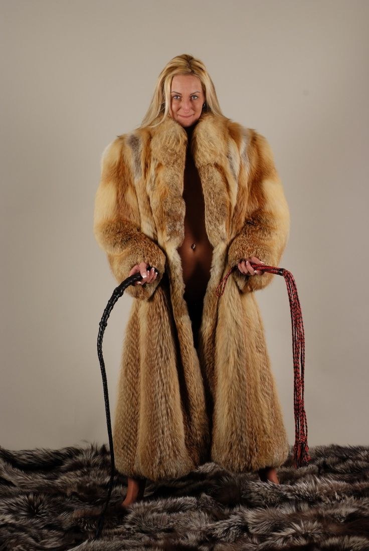 In a fur coat and underwear