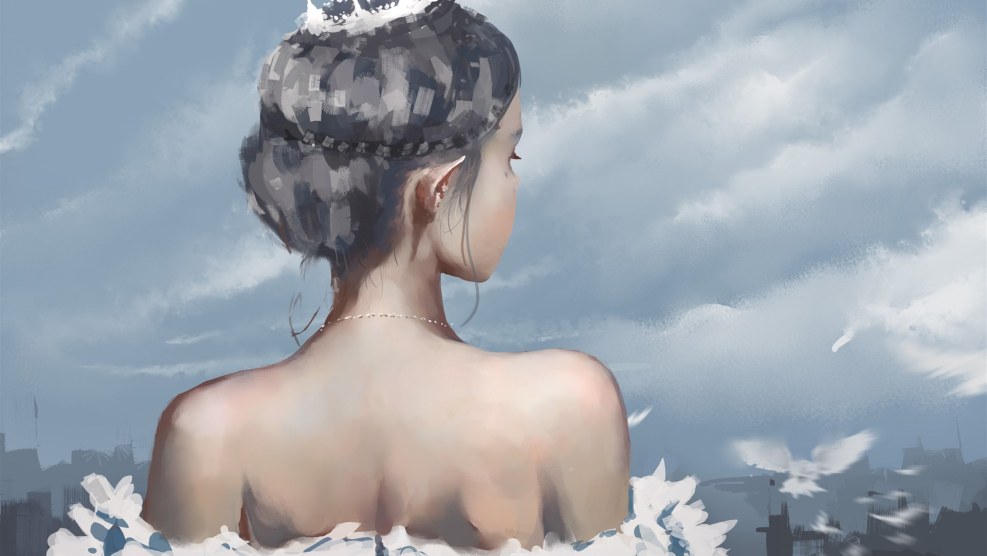 Girl in a shirt sits