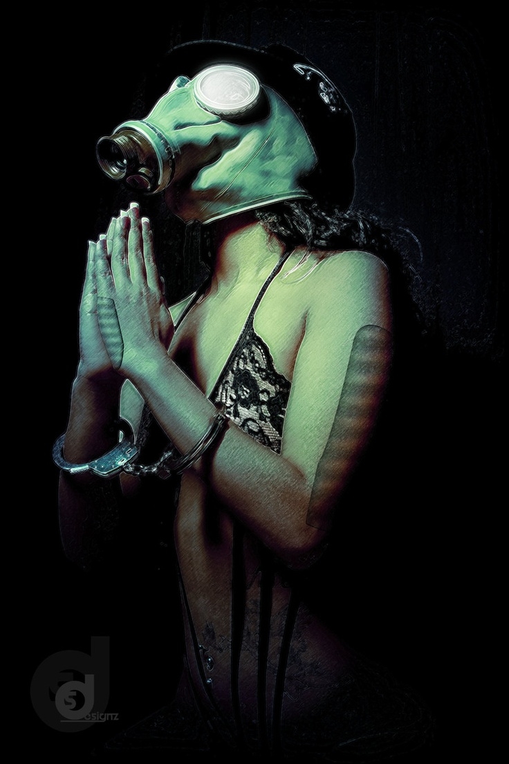 Woman in gas mask and swimsuit