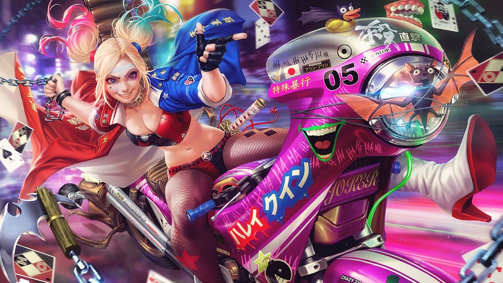 Harley Quinn on a motorcycle art