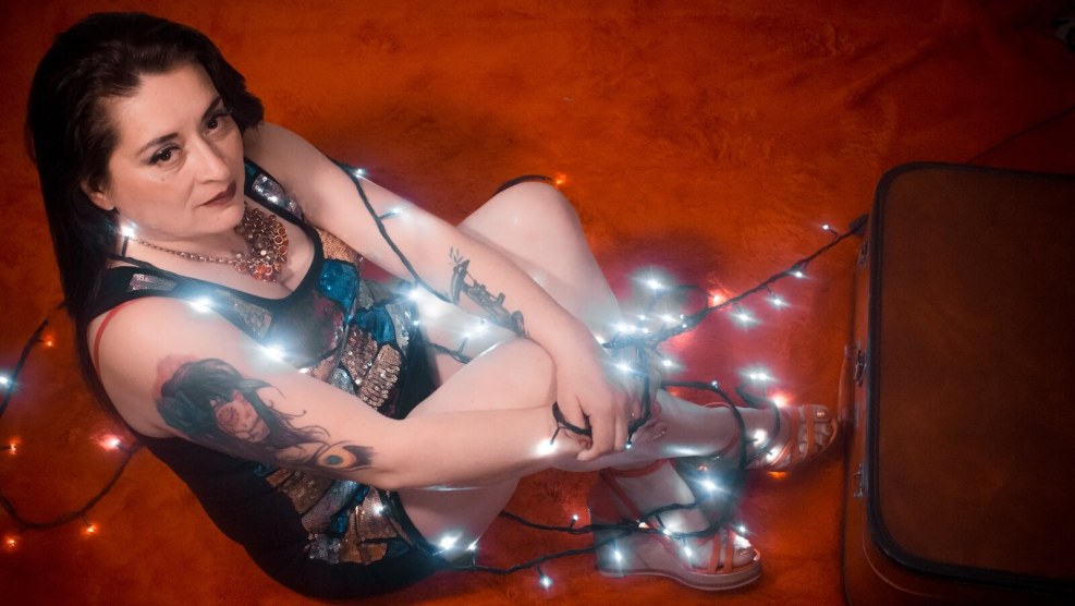 Brunette jumps on a rubber