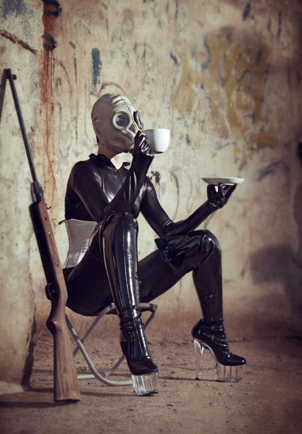 Girl in gas mask and underwear