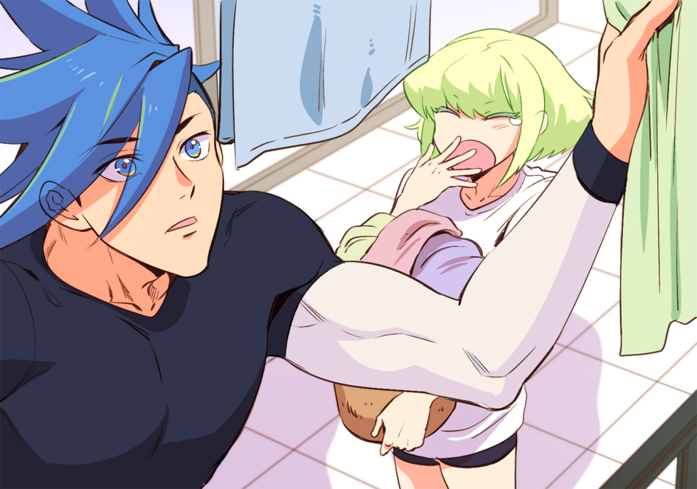 Girls with blue hair in linen