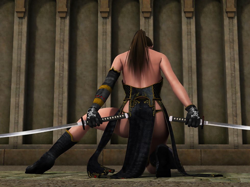 A girl with a sword on his knees