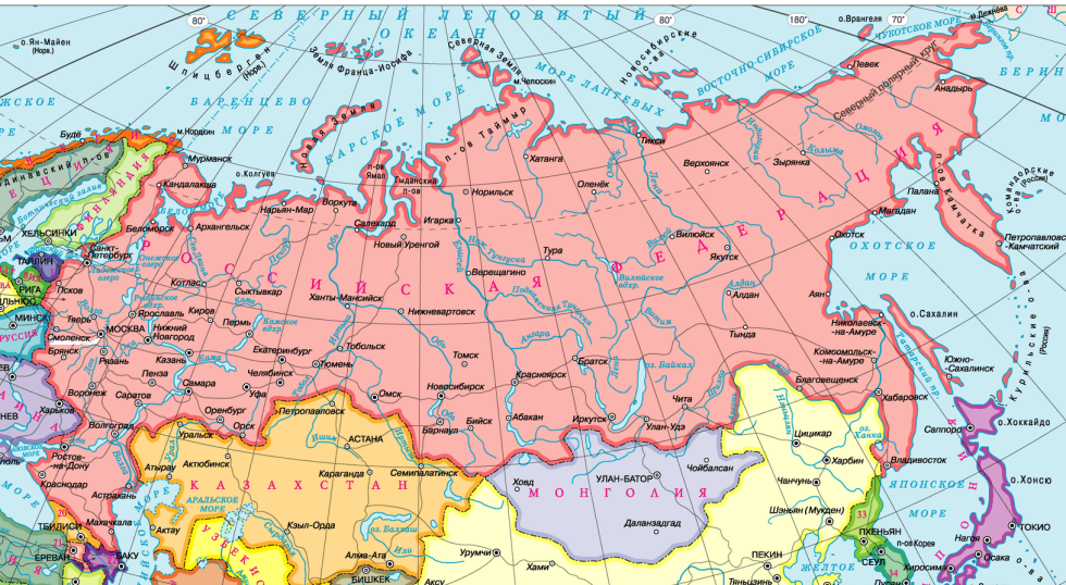 Geographical map of Russia with cities