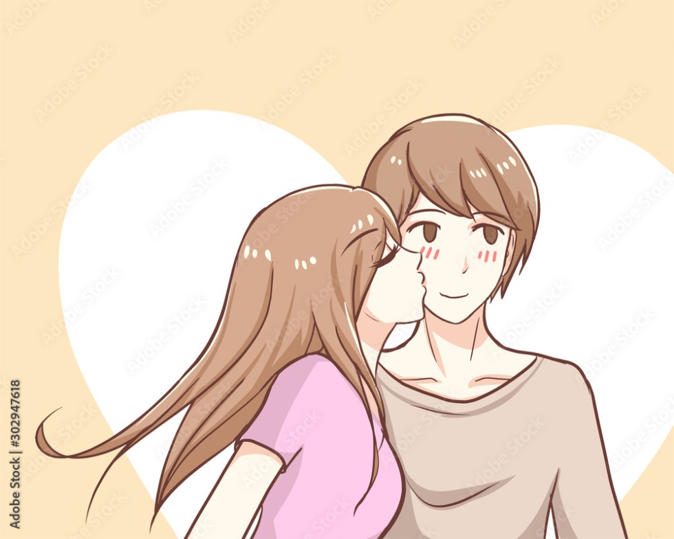 The girl kisses the guy on the cheek drawing