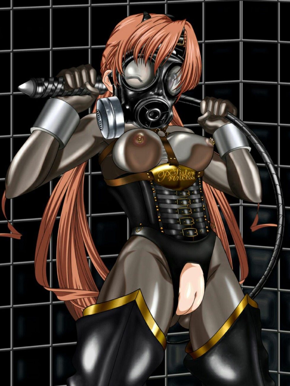 Girl with big tits in a gas mask